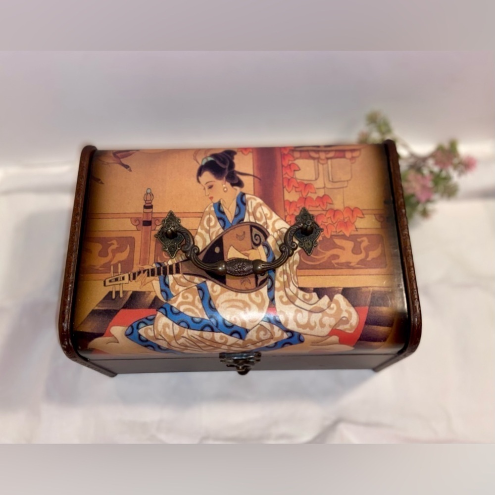 3/55$ Home Vintage storage Wooden Box‎ with Asian illustration